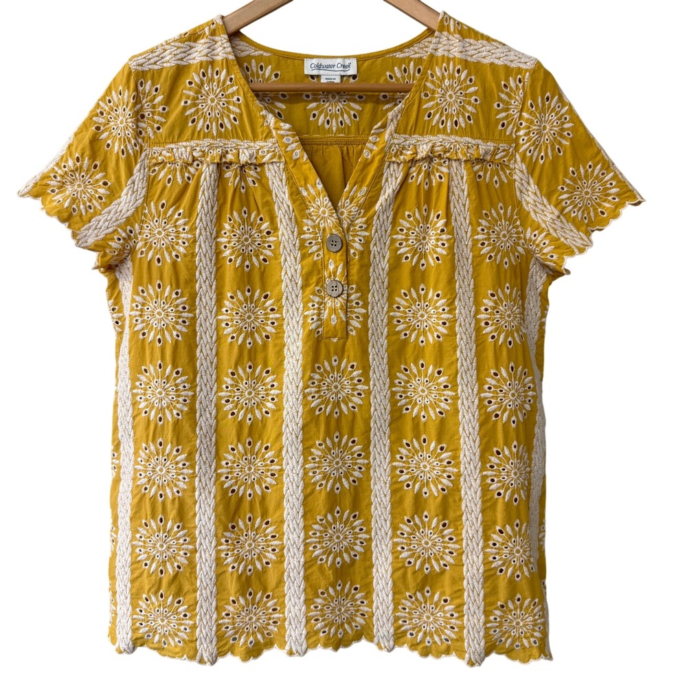 Coldwater Creek Mustard Yellow Eyelet Floral Cotton Boho Blouse Top Size Medium